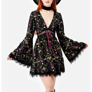 Restyle Dress Women L Wilderwood Mini Flared Sleeves Lace Trim Whimsygoth Witchy